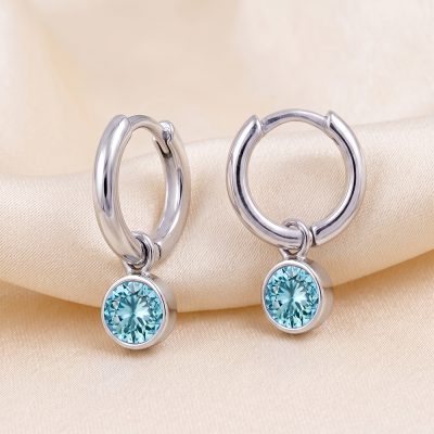 HUG3550/3 – S/S Huggies with Aquamarine Glass Birthstone Drop